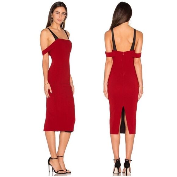 Cinq à Sept Nova Red Off-Shoulder Midi Cocktail Dress Size 8 | Celebrity Worn - Picture 1 of 15